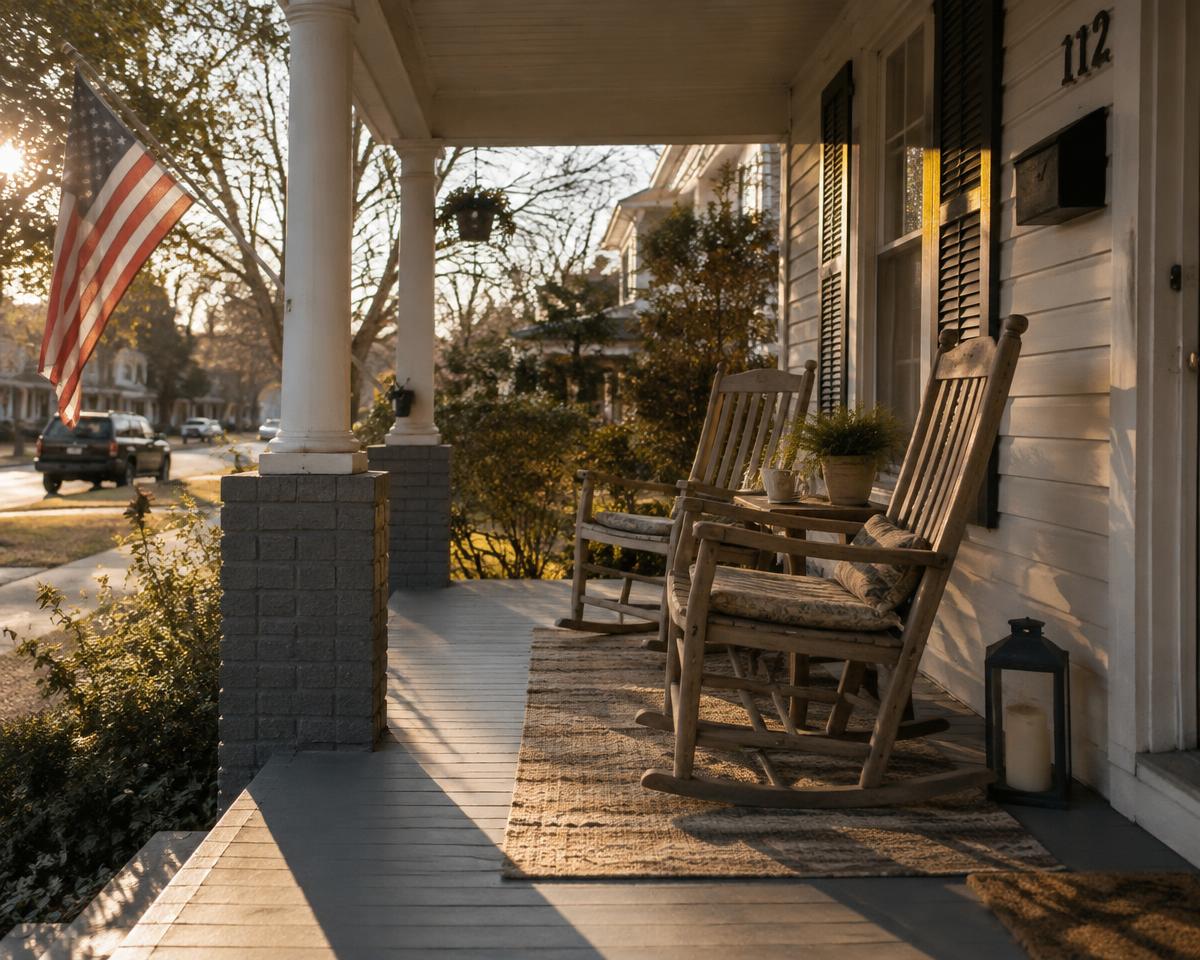 A front porch with wooden rocking chairs on a quiet Fayetteville street in late afternoon light