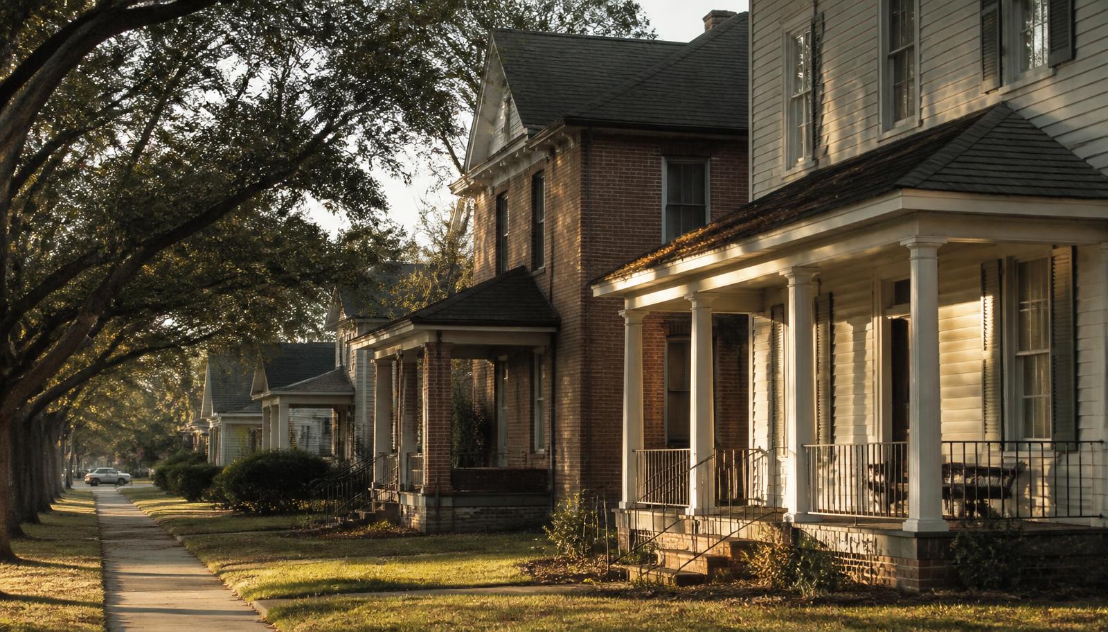 A quiet residential street in Fayetteville, North Carolina, in warm late afternoon light
