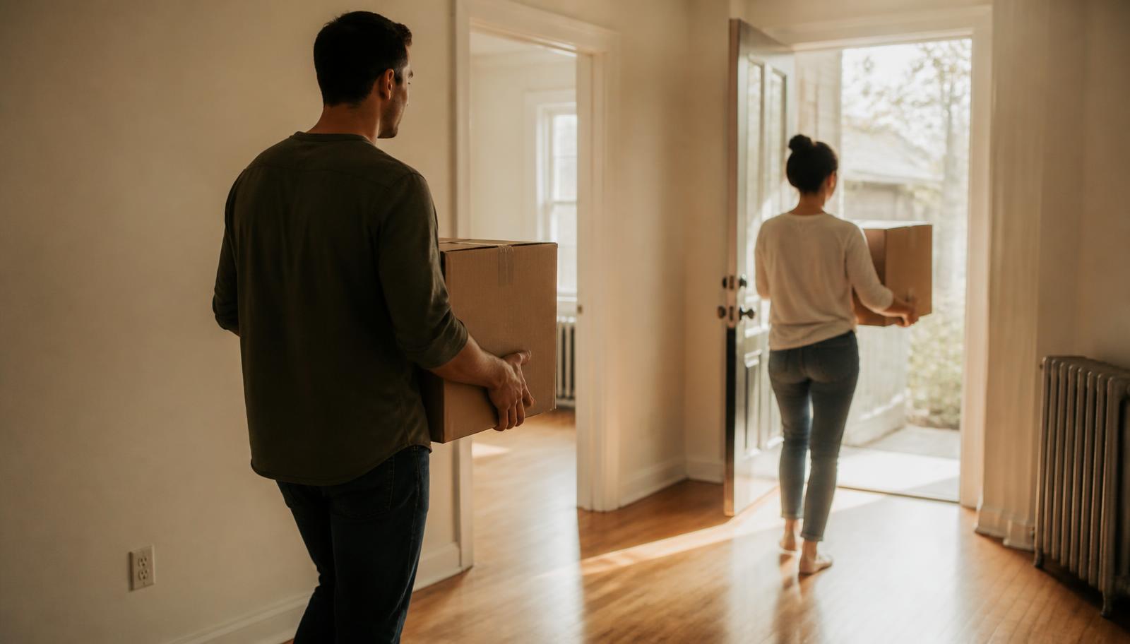 A couple carrying boxes through the front door of their new home in warm afternoon light