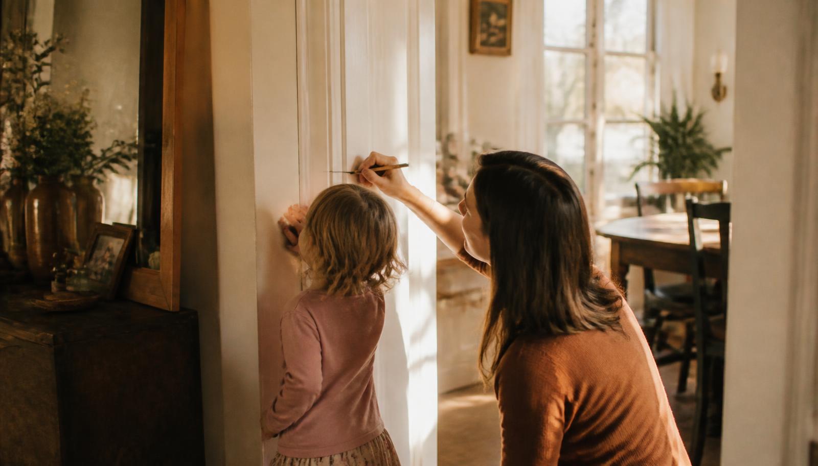 A family marking a child's height on a doorframe in a bright North Carolina home in late afternoon light