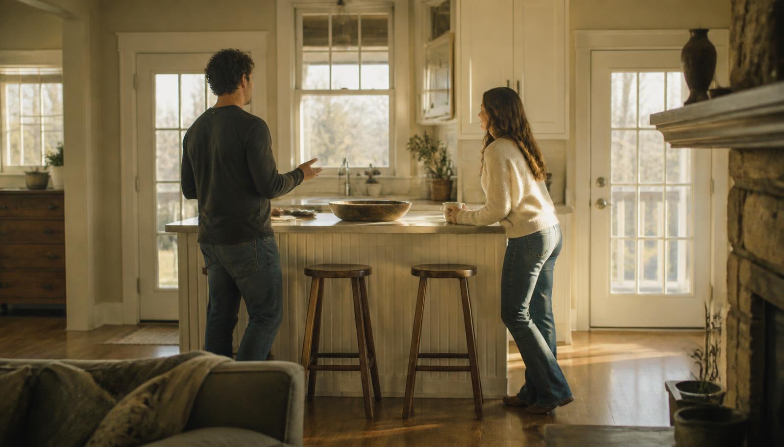 Two people talking across a sunlit kitchen island in a lived-in Carolina home