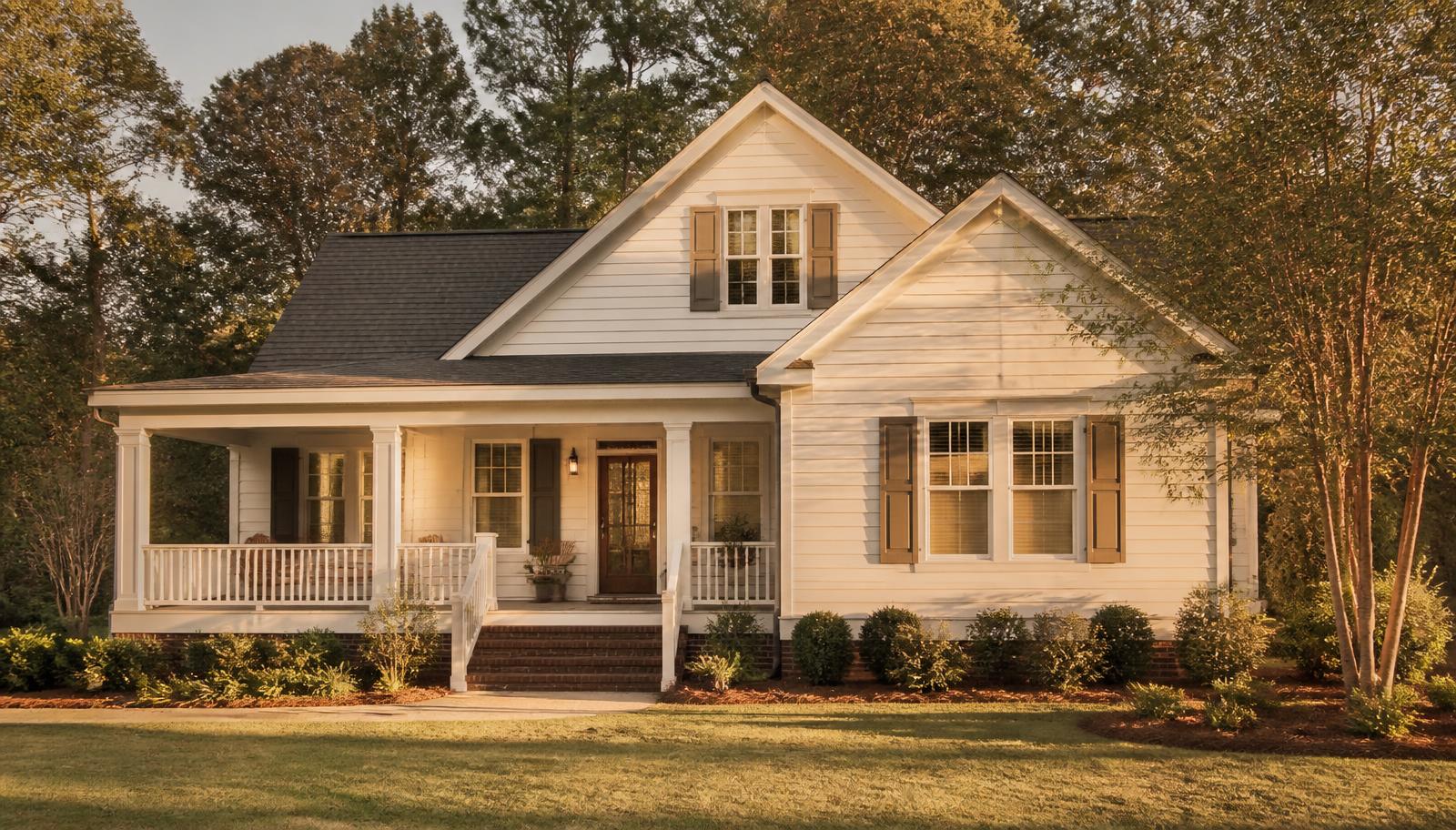 A well kept North Carolina home exterior in golden late afternoon light