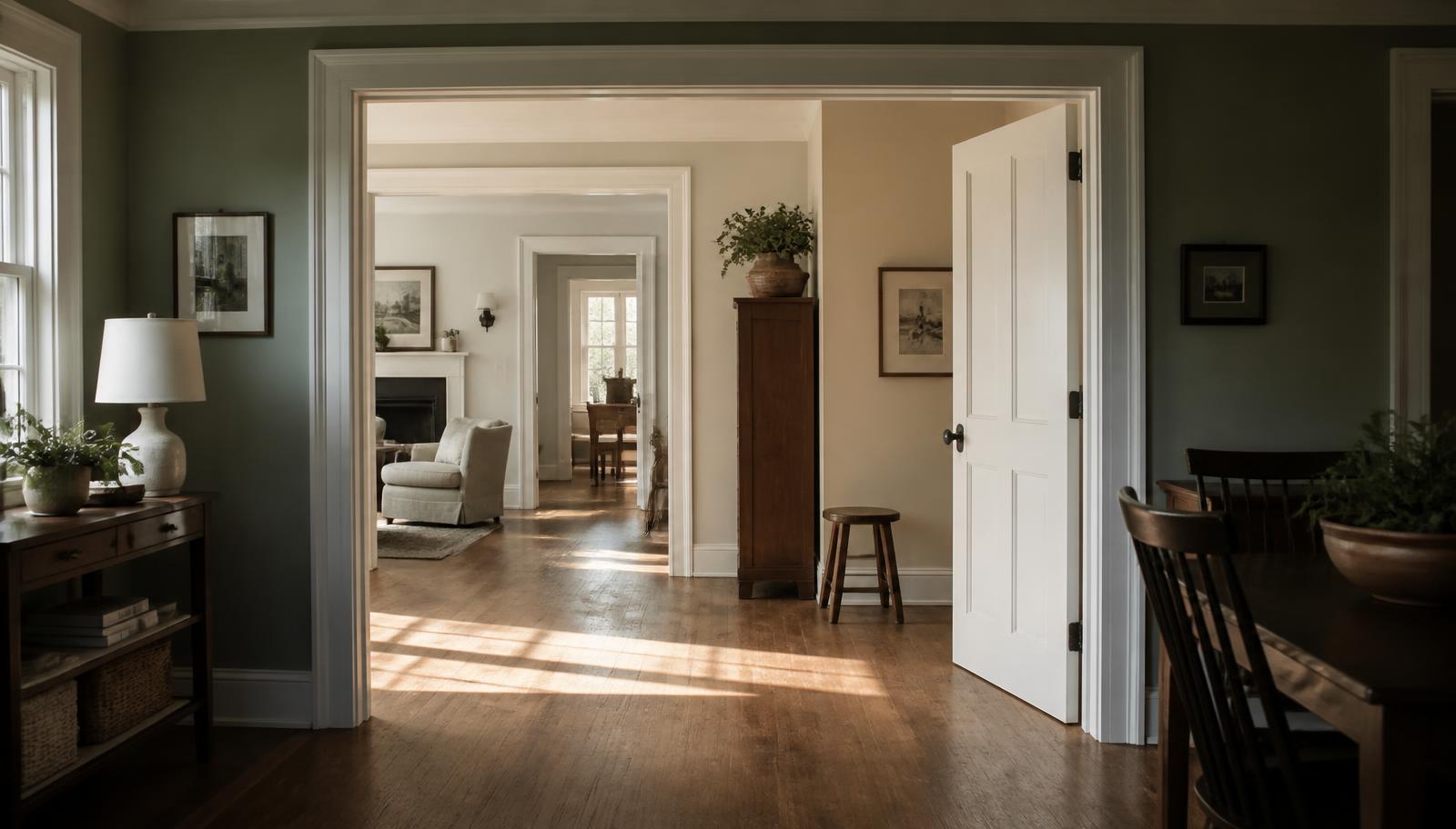 A wide, light filled connected living and dining space in a North Carolina home