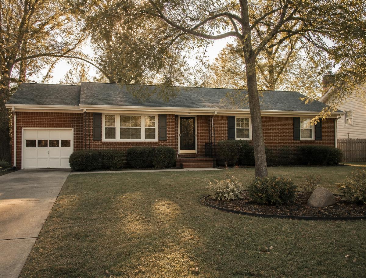 Brick ranch home with a tidy lawn on a Fayetteville street in late afternoon light
