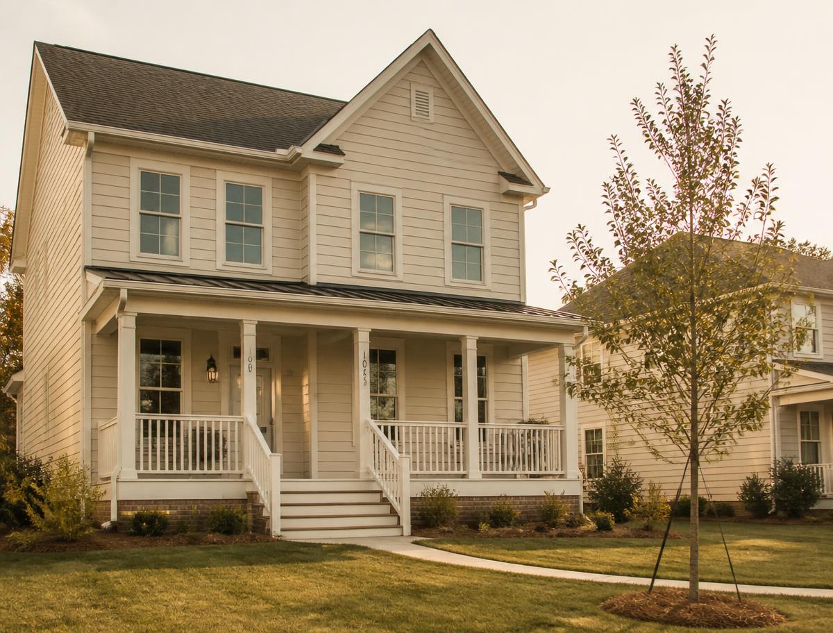 Two storey clapboard family home with a covered front porch in a North Carolina neighbourhood