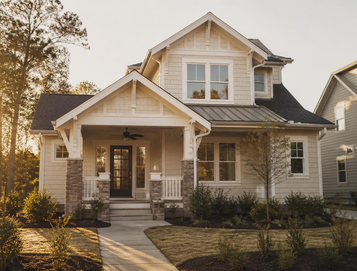 Newly built craftsman style house with a gabled porch on a quiet Carolina street