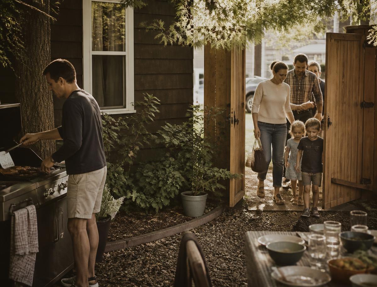 A father grilling in a Carolina backyard as family arrives through the gate in late afternoon light