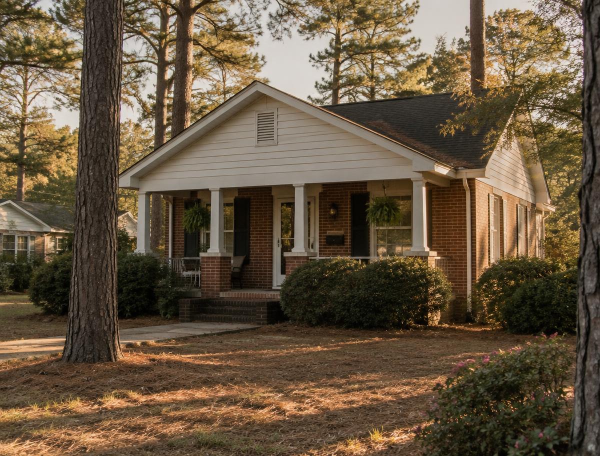 A brick and siding Sandhills house with a front porch among longleaf pines in late afternoon light