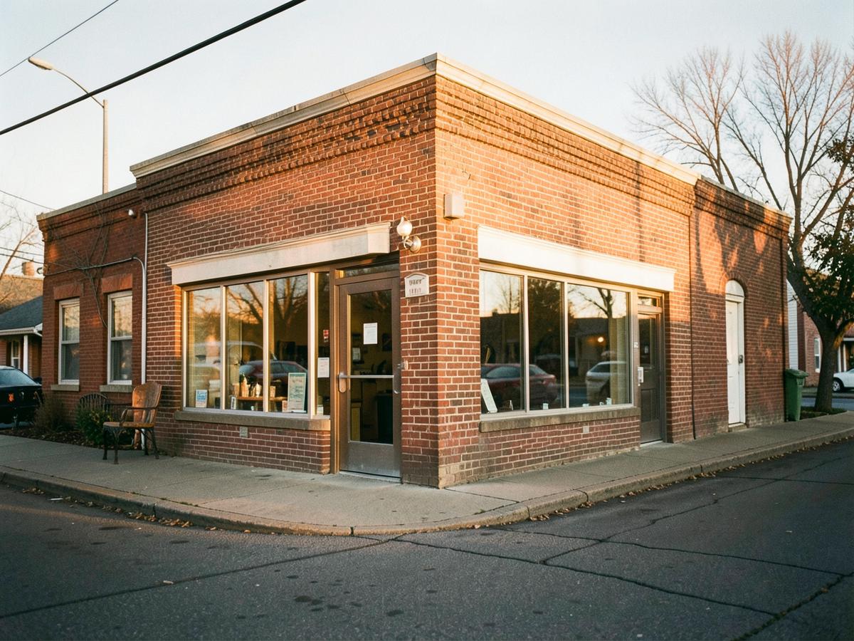 A small brick commercial storefront on a North Carolina street in late afternoon light