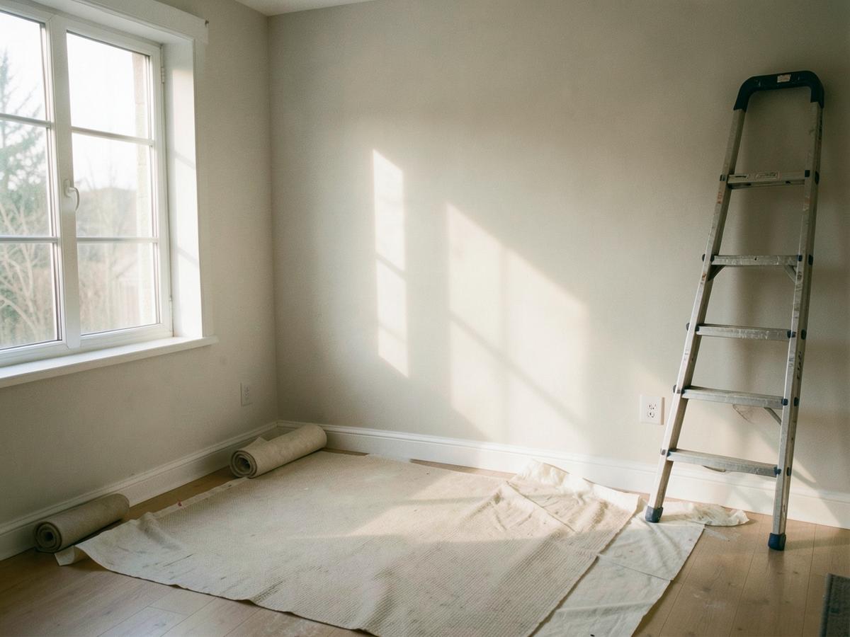 A freshly painted, cleanly prepared room with a folded drop cloth and a ladder in soft window light