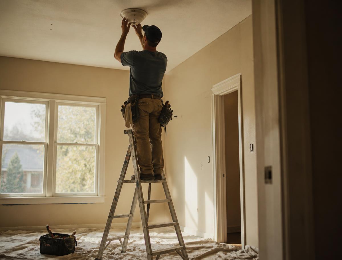 A tradesman on a step ladder fitting a ceiling light inside a house mid-renovation