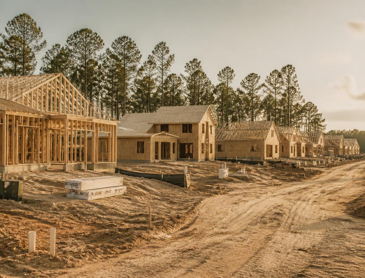 A residential development mid-construction with framed houses and pine trees behind