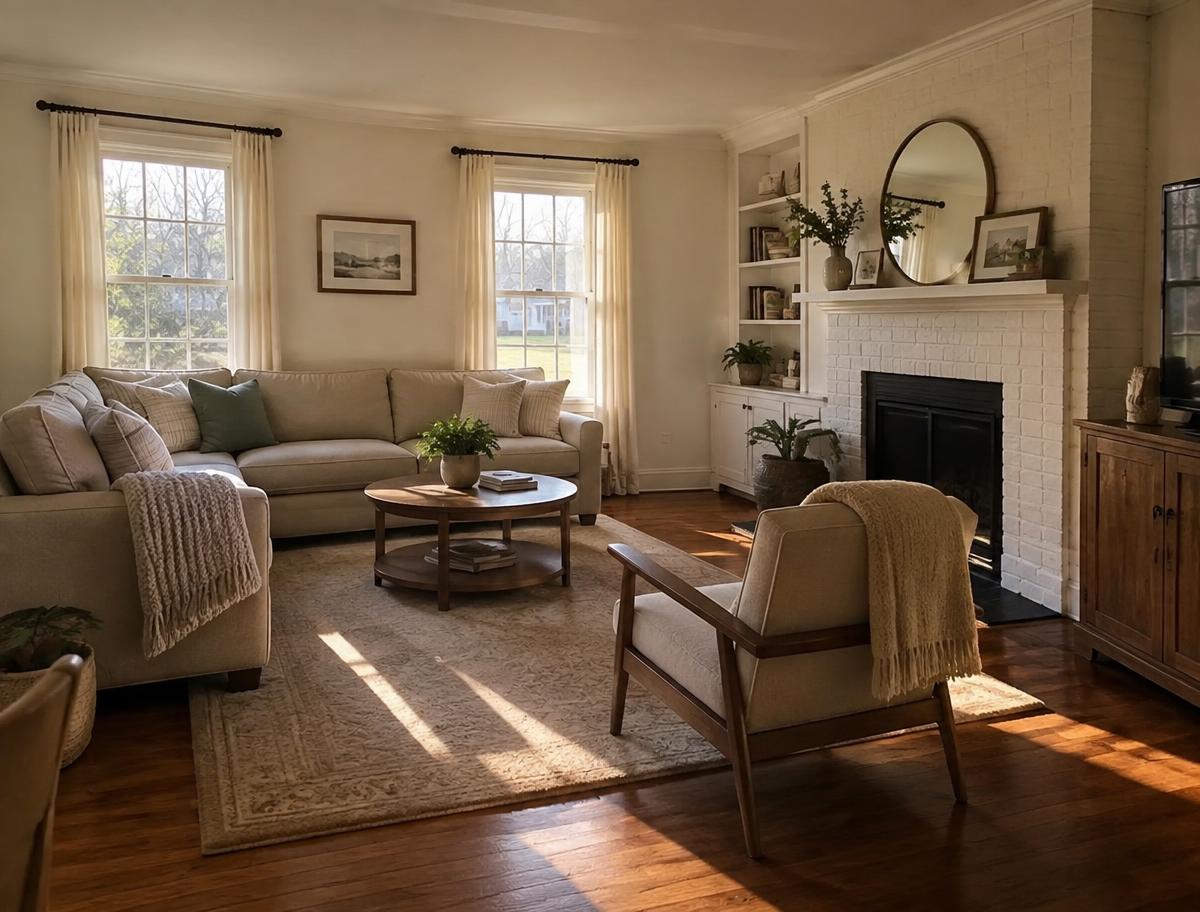 A tidy, sunlit living room with a sofa, armchair and brick fireplace