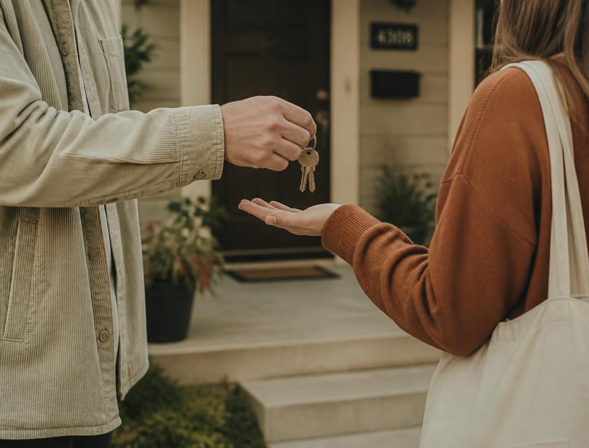 A set of house keys being handed over on the front porch of a tidy rental home