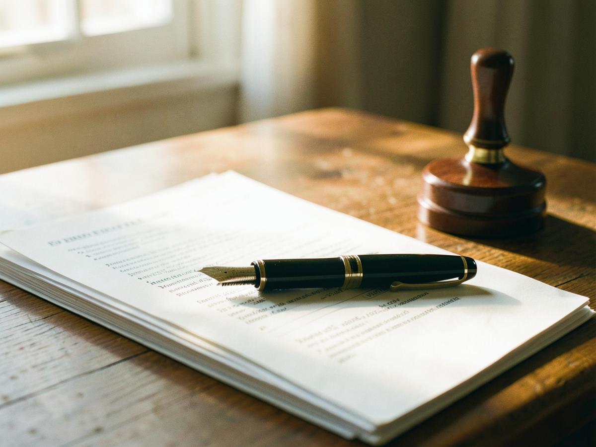 A fountain pen resting on a stack of documents beside a notary stamp on a wooden desk