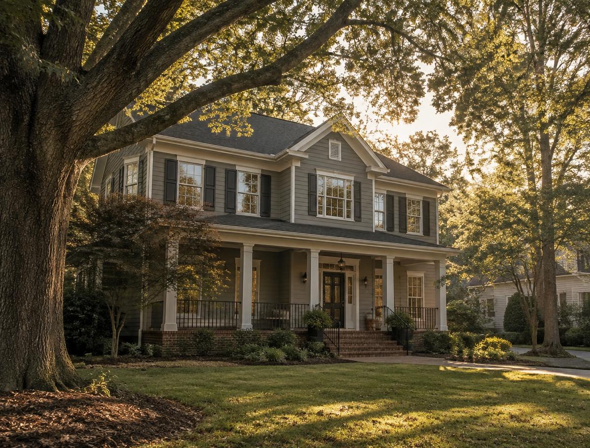 An established two-storey family home beneath mature oak trees in morning light