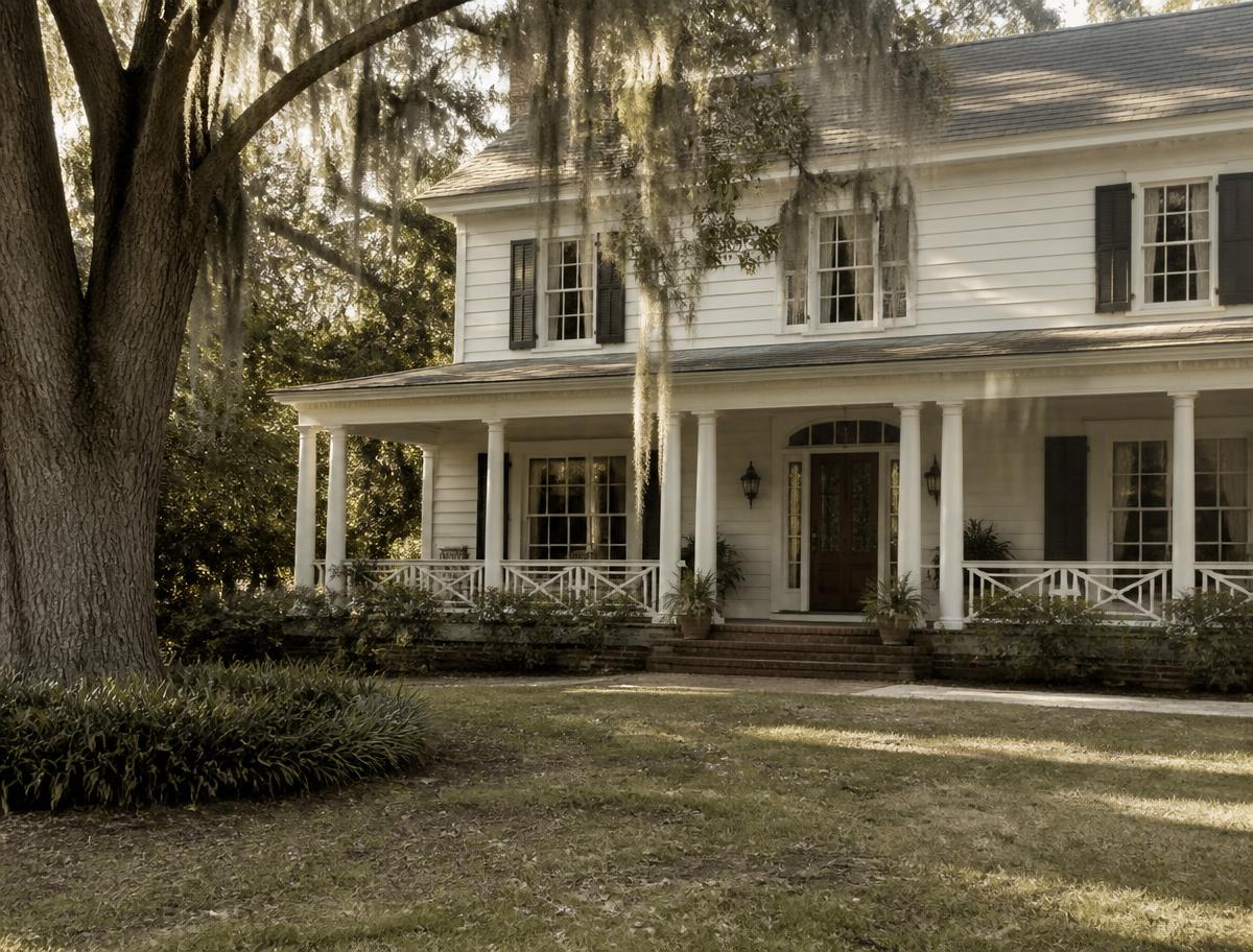An established older Southern home with a wide porch under mature trees in soft light