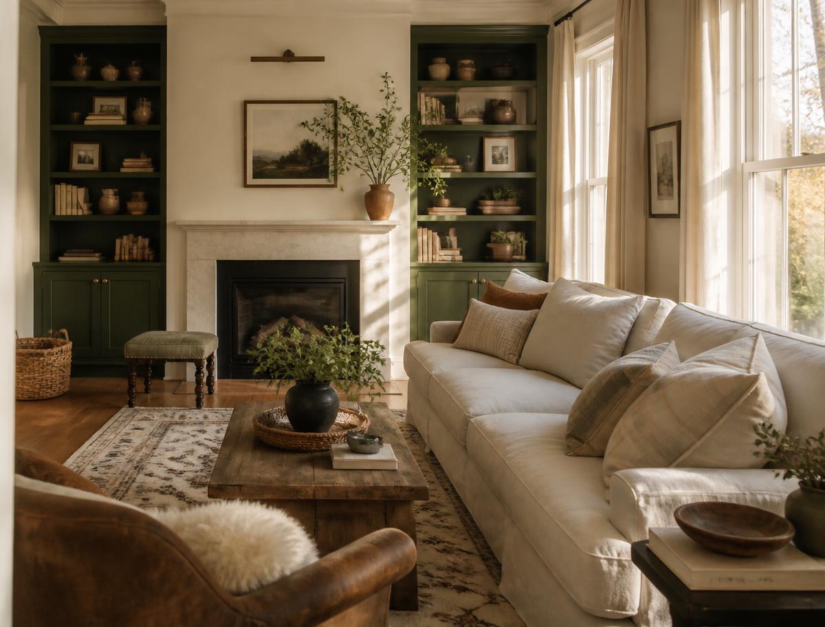 A bright, well kept living room with green built-ins and afternoon sun through tall windows